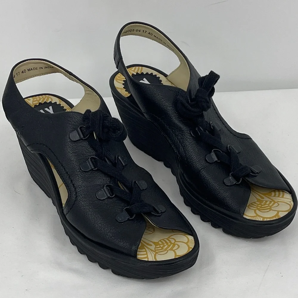 FLY LONDON SIZE 40 Black Women's Wedge Sandals Lace up OPEN TOE MADE IN INDIA